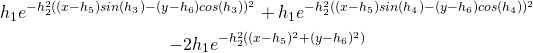 \begin{gathered}{h_1}e^{-h_2^2((x-h_5)sin(h_3)-(y-h_6)cos(h_3))^2} + {h_1}e^{-h_2^2((x-h_5)sin(h_4)-(y-h_6)cos(h_4))^2} \\ - 2{h_1}e^{-h_2^2((x-h_5)^2+(y-h_6)^2)}\end{gathered}